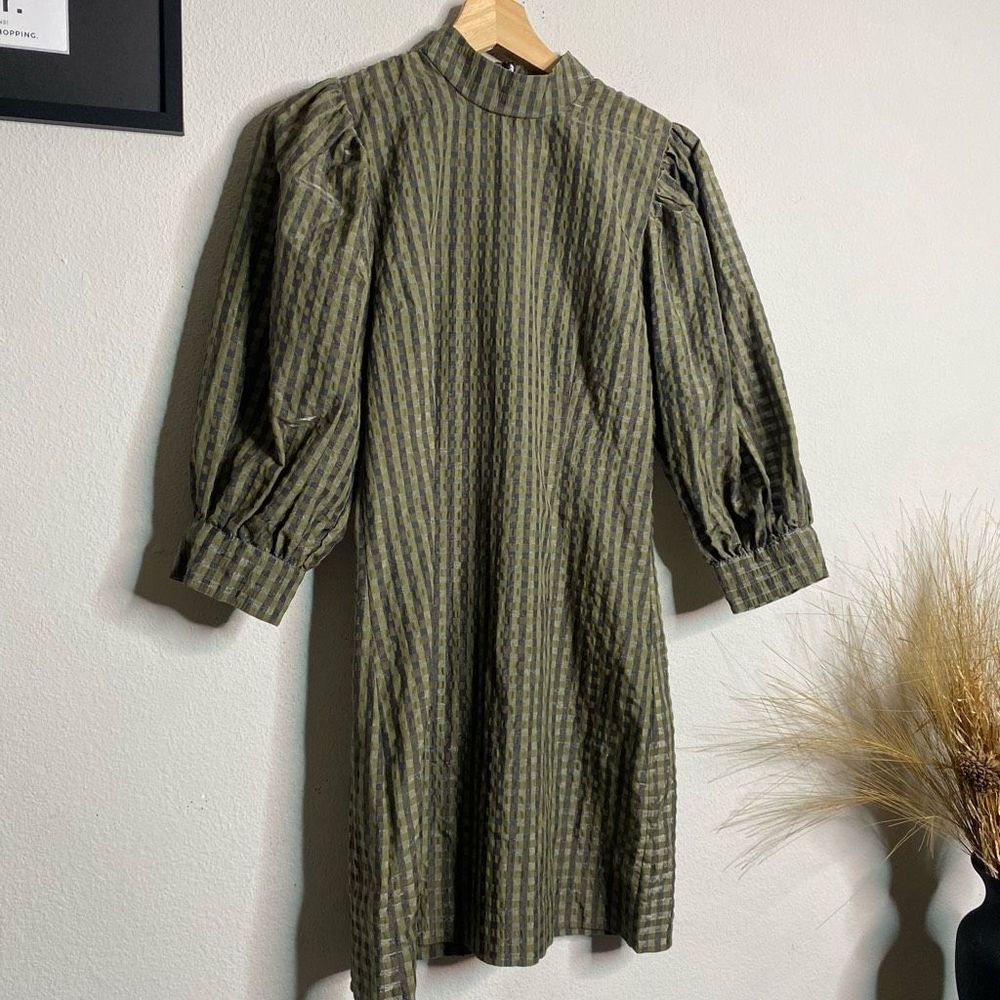 GANNI Dress Seersucker Gingham Mini Dress Green Size 34 - Picture 3 of 11